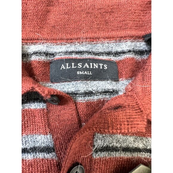 AllSaints Men's Stafford SS Polo Shirt Red/Grey Stripes Wool Alpaca Blend S - Picture 3 of 7